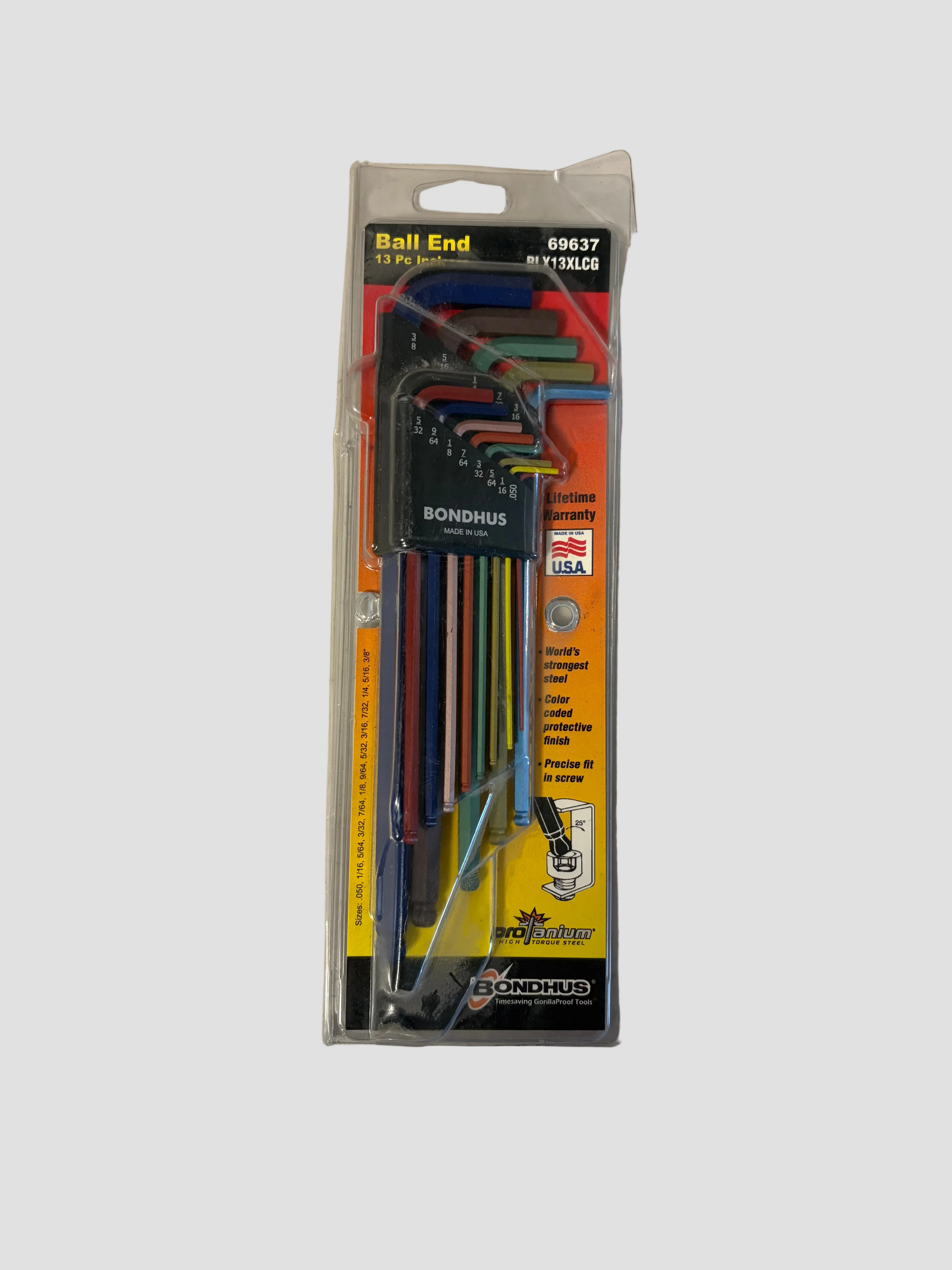 A 11-piece Bondhus Ball End hex wrench set in its original retail blister packaging, displayed on a neutral gray surface.