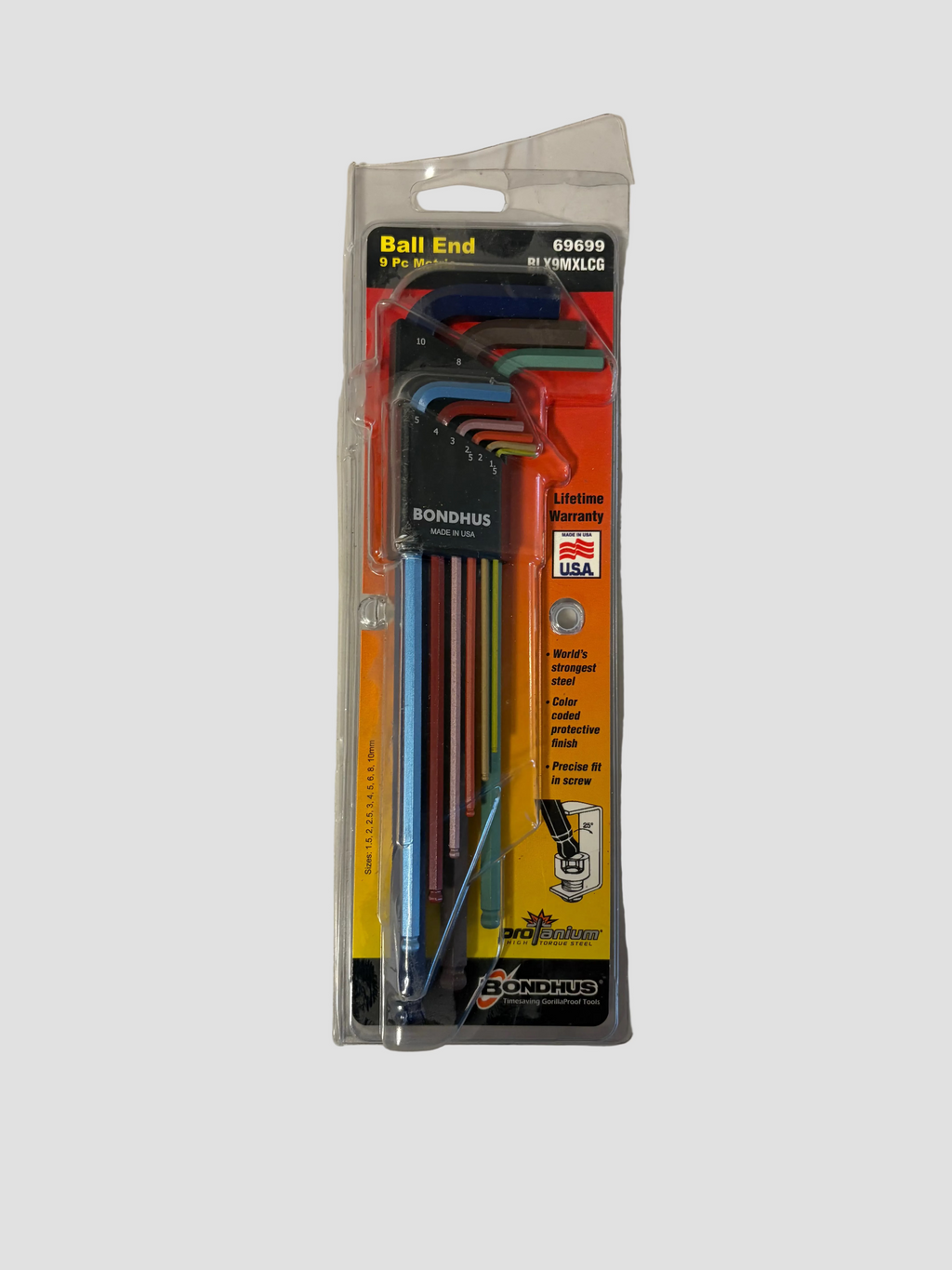 A 5-piece set of Bonchius ball end hex keys in a colorful, multi-toned design, packaged in a clear plastic blister pack with a yellow and black cardboard backing, resting on a light gray surface.