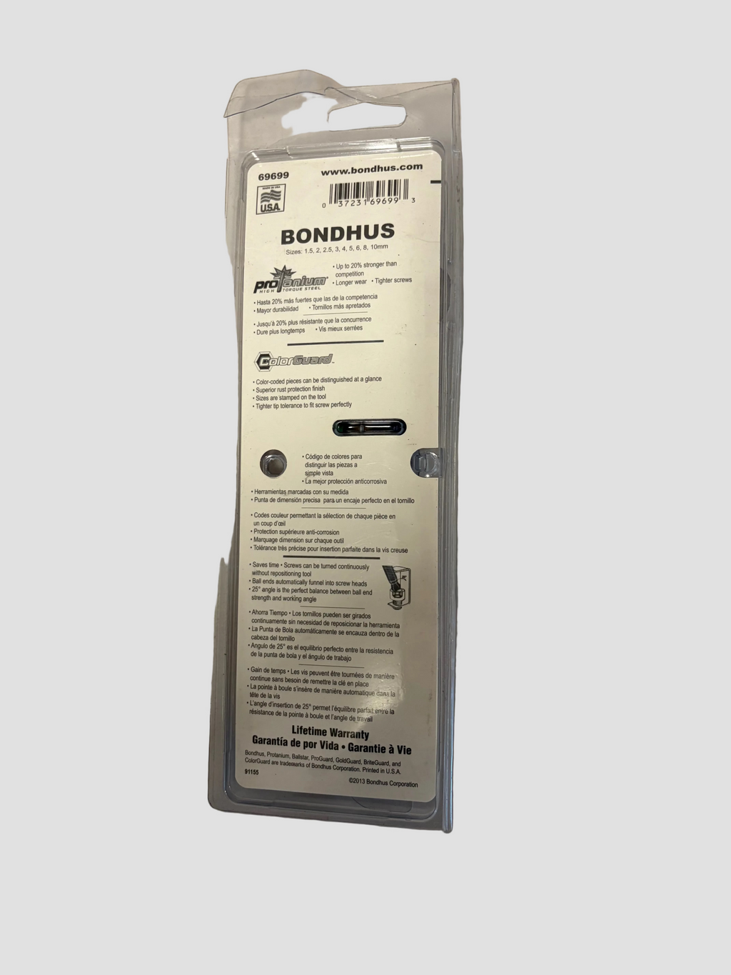 Bondhus Pro Series lifetime warranty kit in its original clear plastic packaging, showing the back of the package with printed instructions and logos on a light gray surface.
