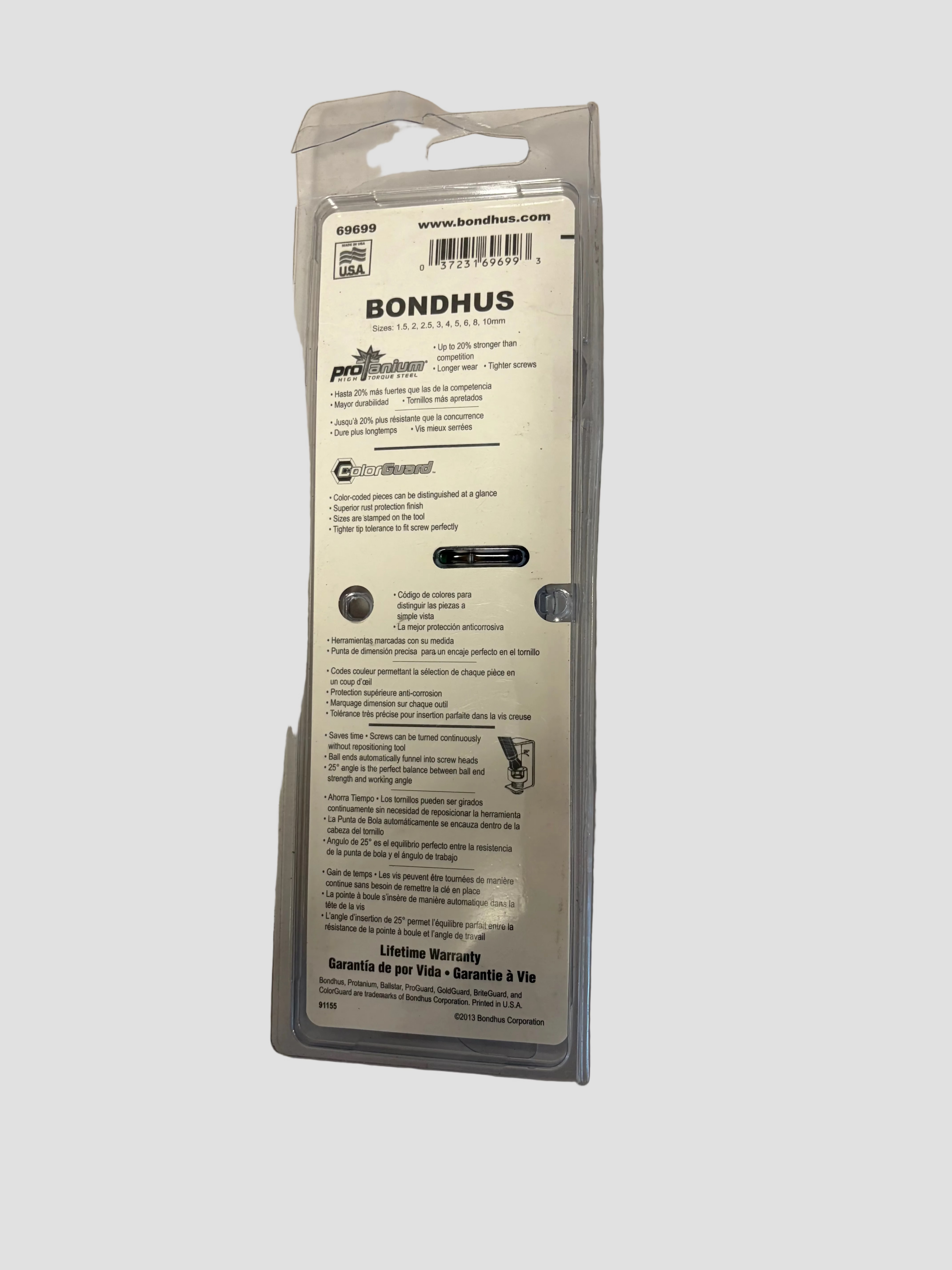 Bondhus Pro Series lifetime warranty kit in its original clear plastic packaging, showing the back of the package with printed instructions and logos on a light gray surface.
