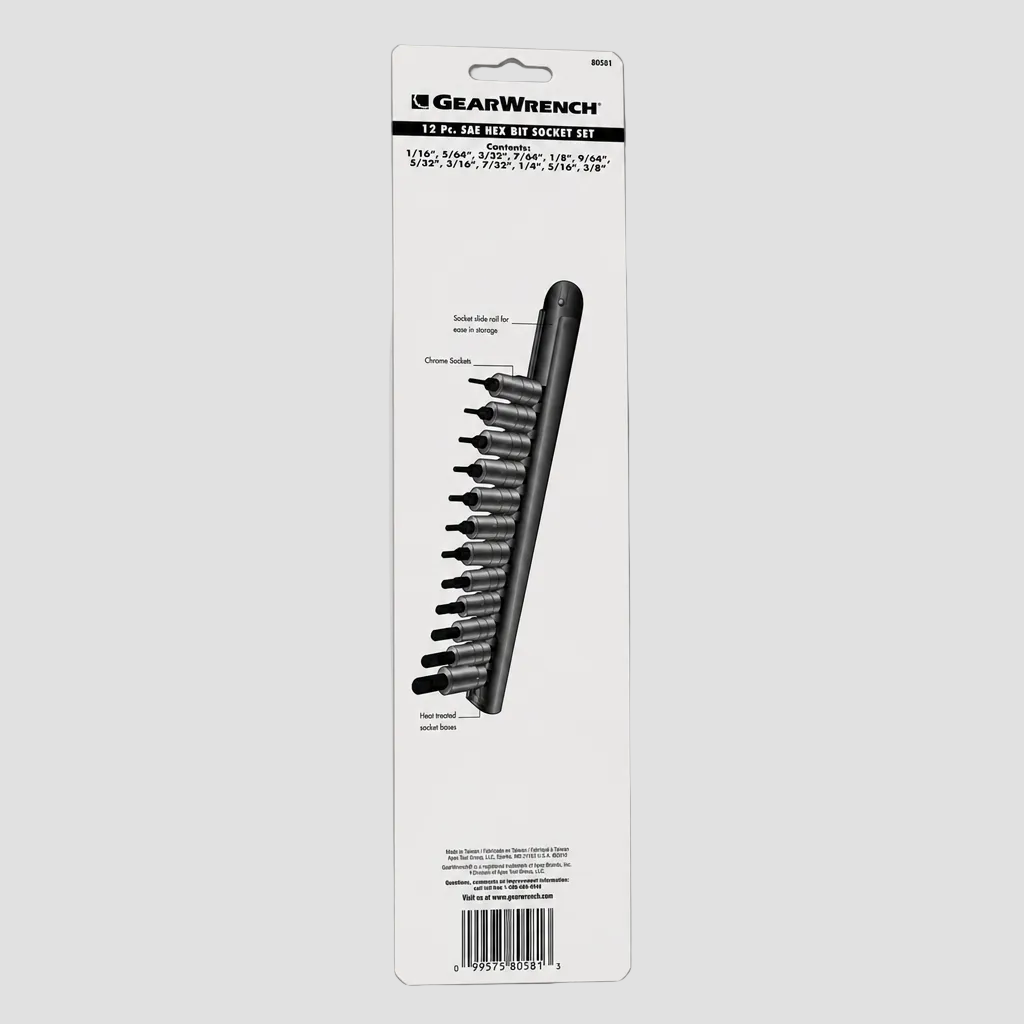 A 12-piece GearWrench socket set in its original retail packaging, featuring a black socket holder with twelve different sized sockets, mounted on a white cardboard backing with product details and a barcode.