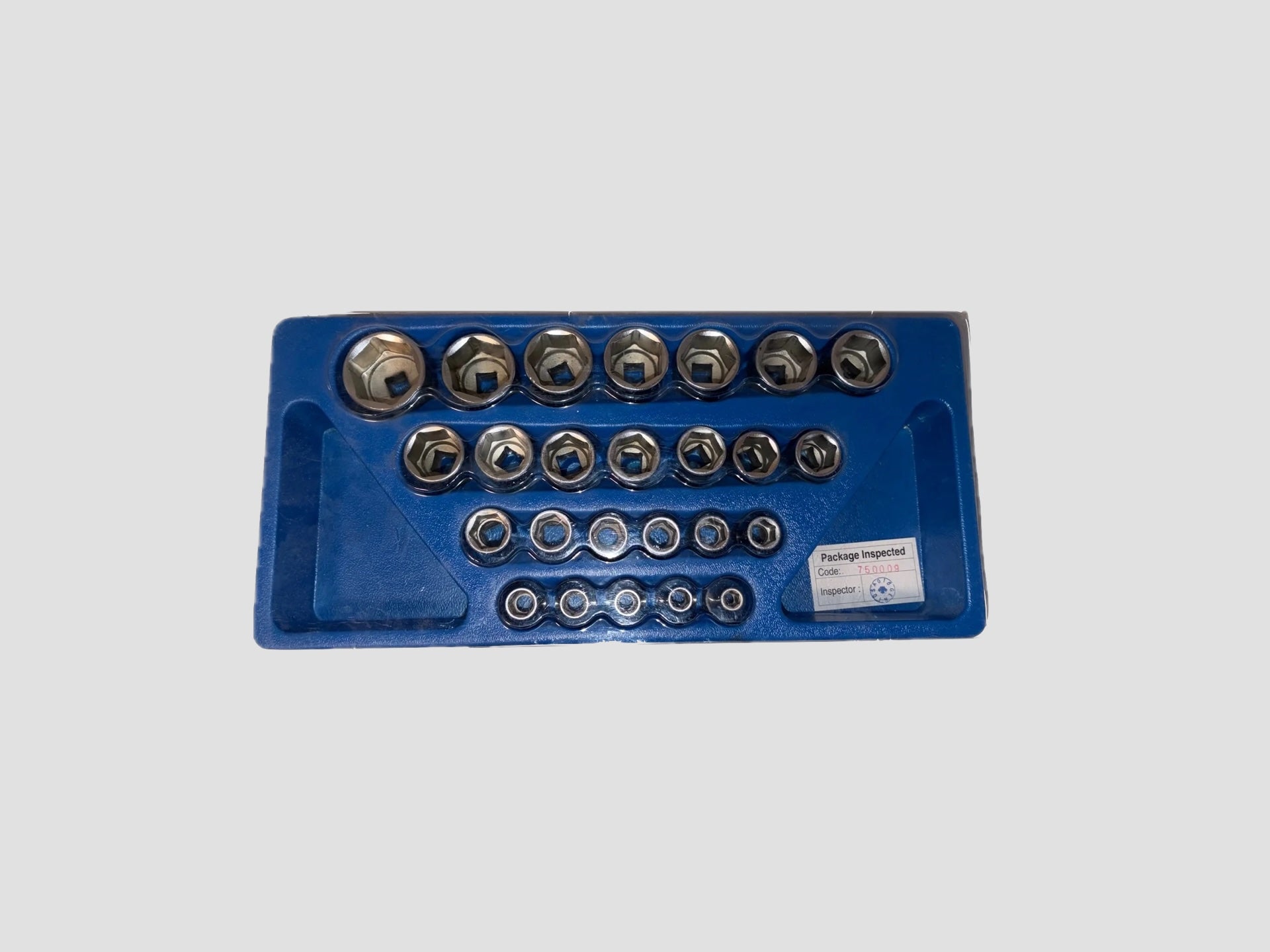 A set of 14 socket wrenches and hex keys in a blue plastic organizer tray, photographed against a light gray background.
