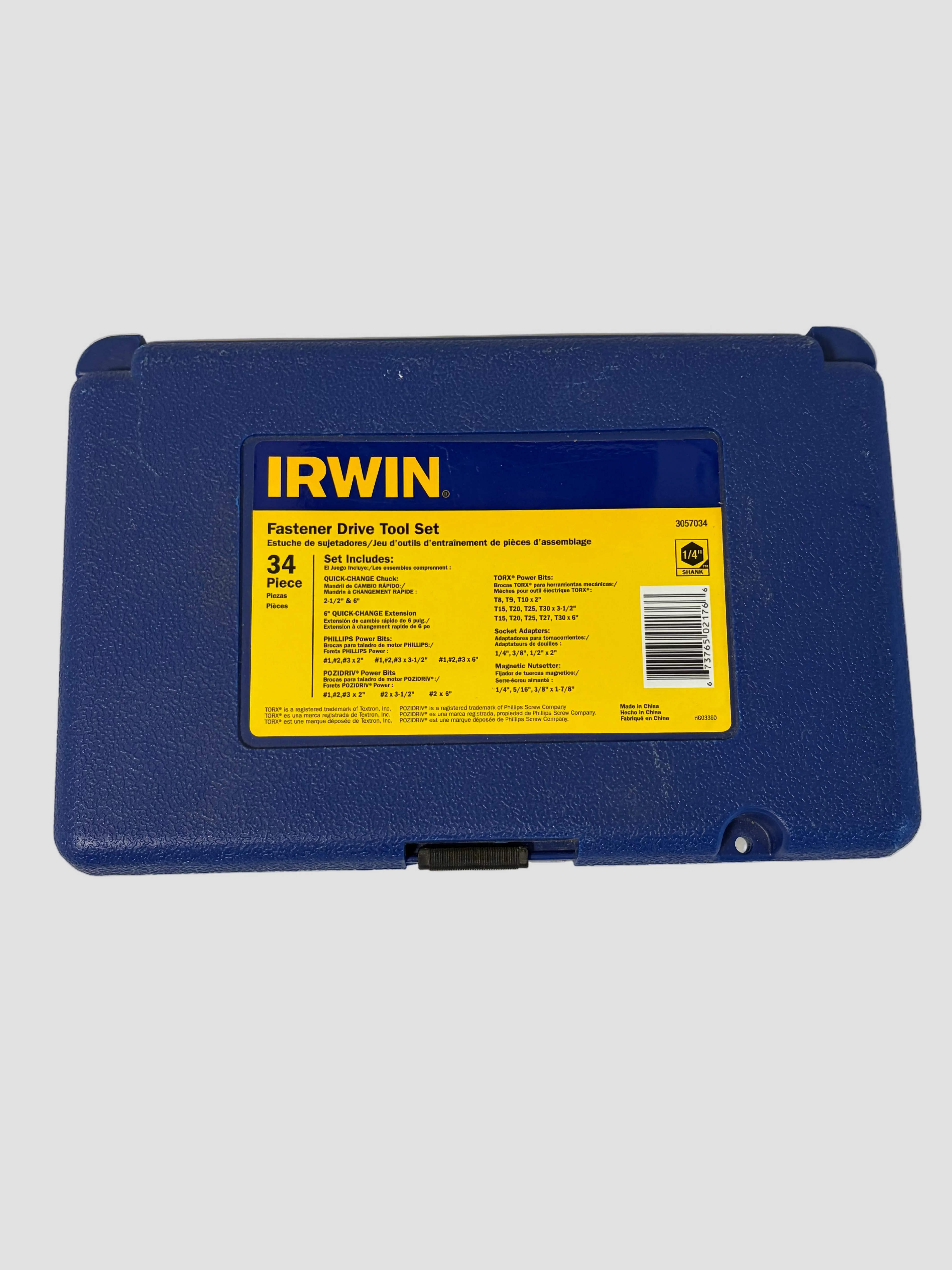 A blue plastic case for the IRWIN Fastener Drive Tool Set, featuring a yellow label with the brand name and product details, photographed on a light off-white surface.