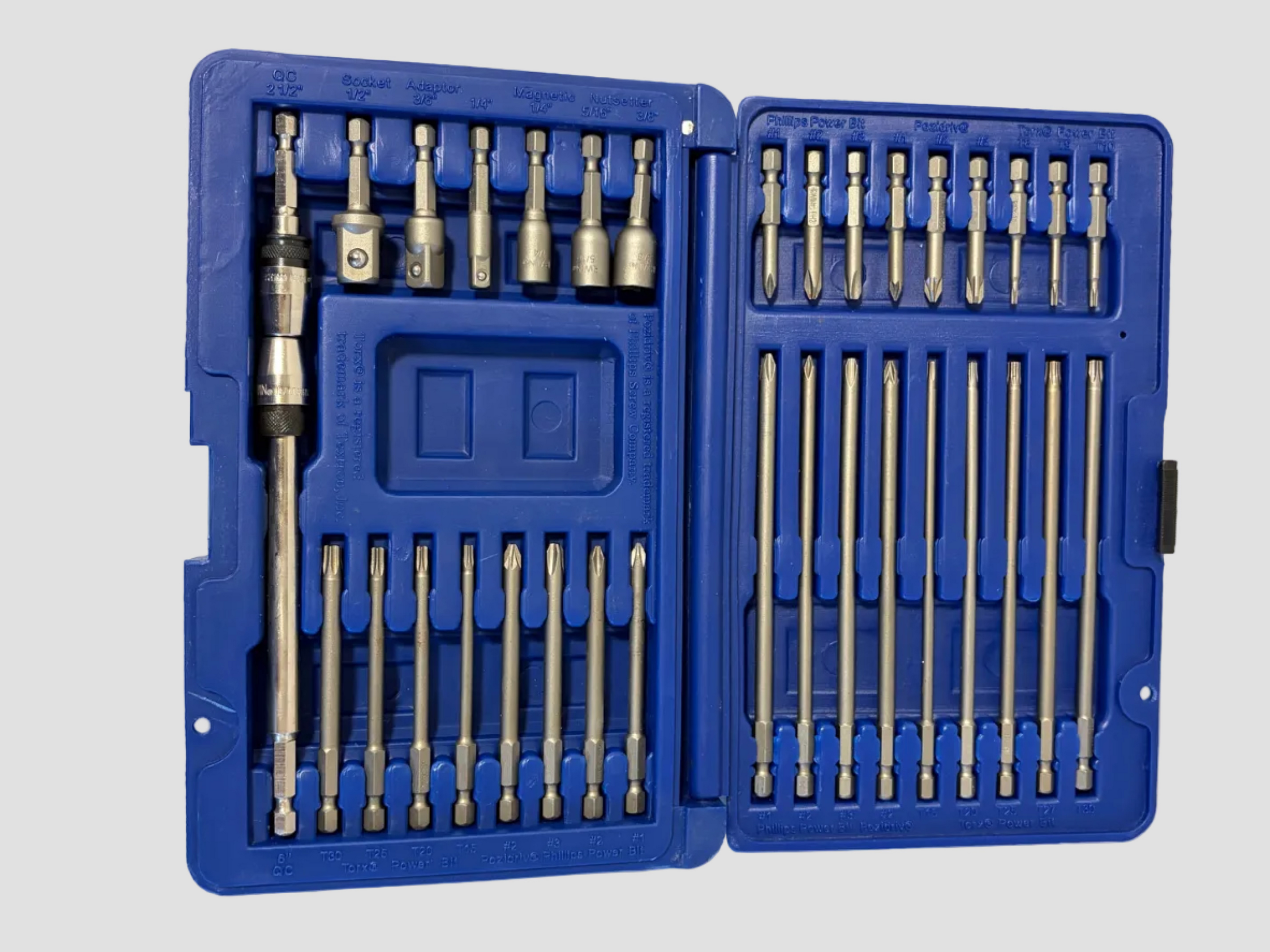 A 24-piece socket wrench bit set in an open blue plastic case, photographed from above on a light off-white background.