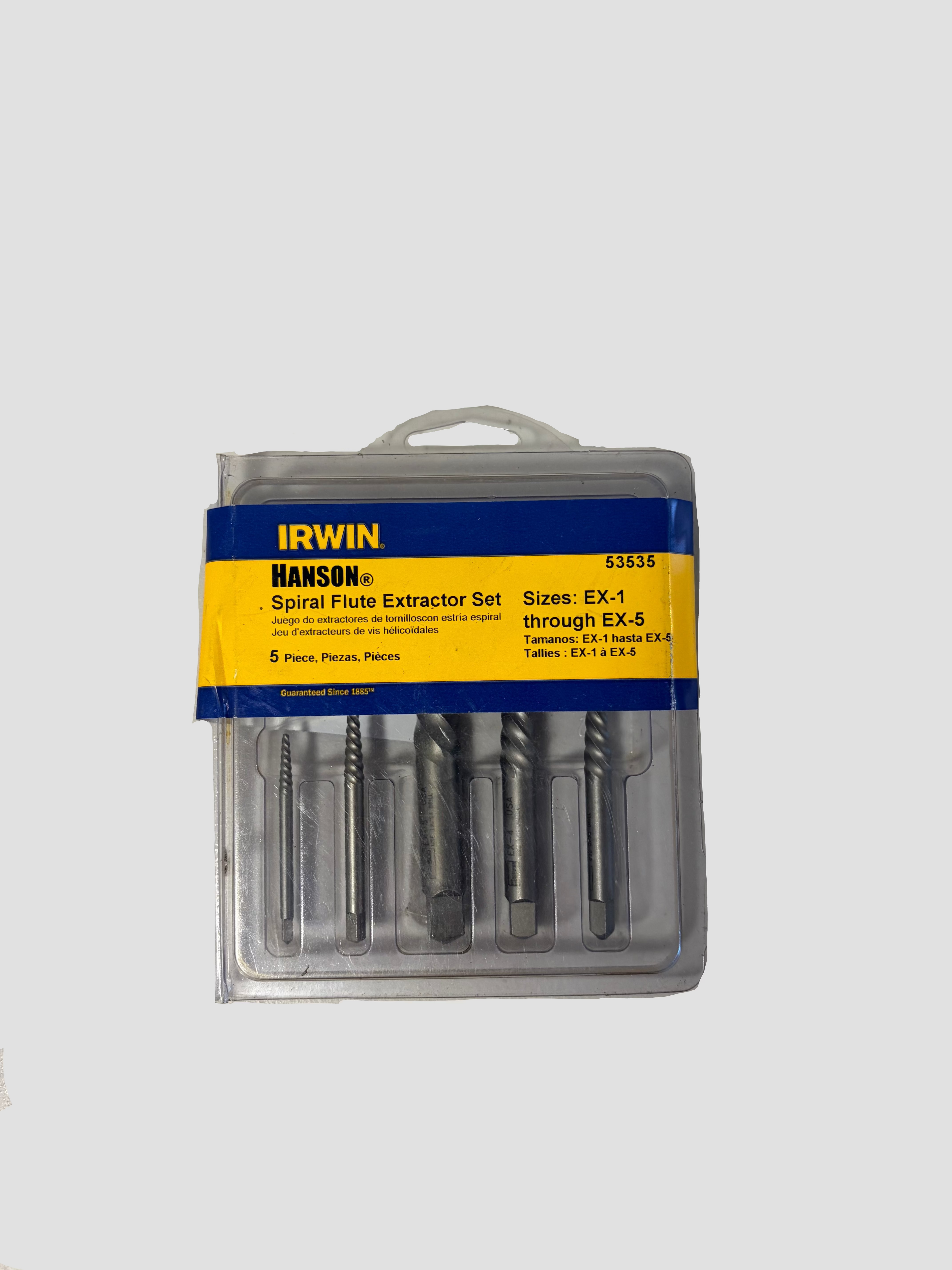 Hanson Spiral Flute Extractor Set by IRWIN in a clear plastic blister pack with a yellow and blue label, photographed on a plain light surface.