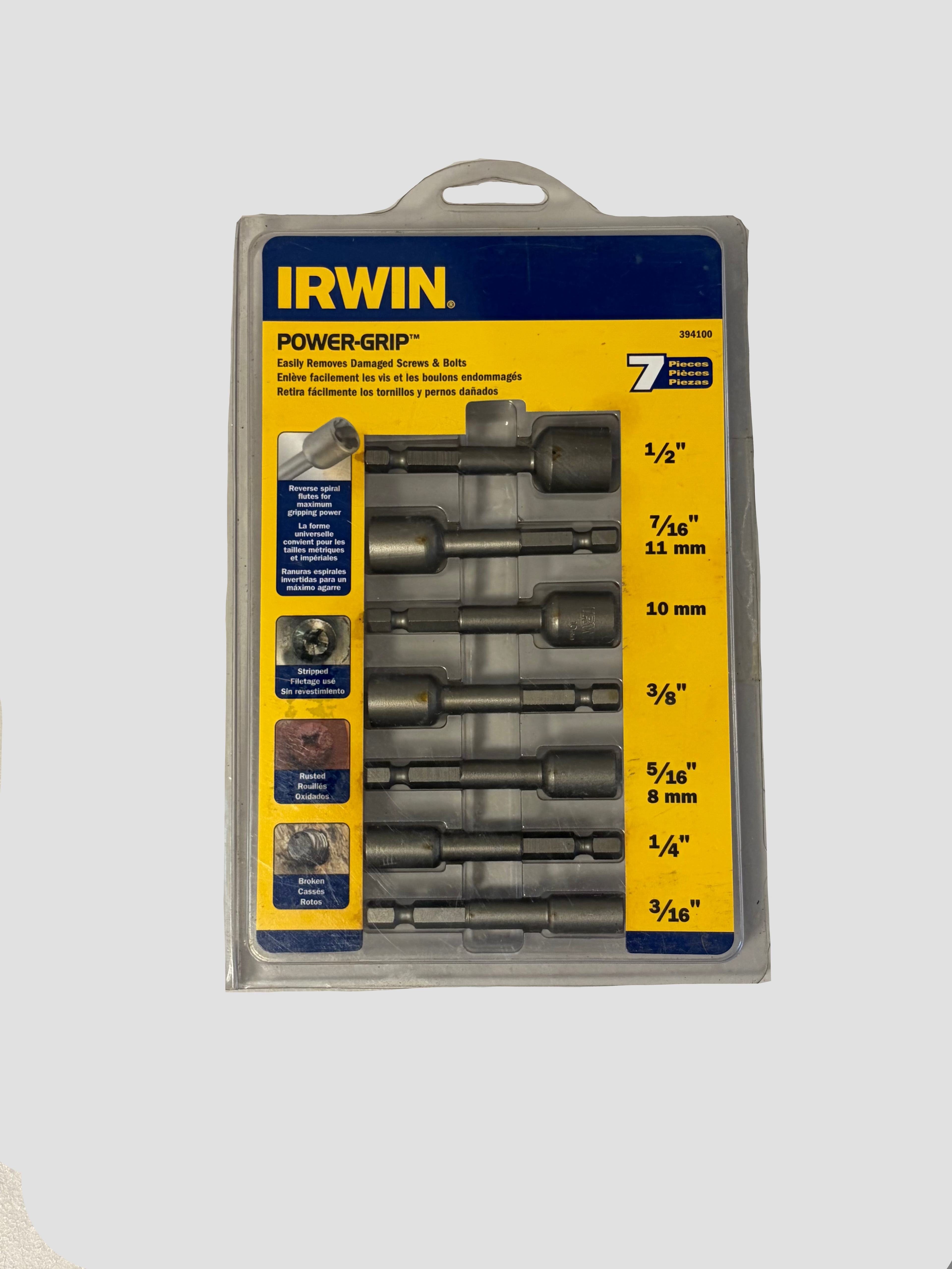 A 7-piece set of IRWIN Power-Grip socket adapters in a clear plastic blister pack with a blue and yellow cardboard insert, photographed against a plain off-white background.
