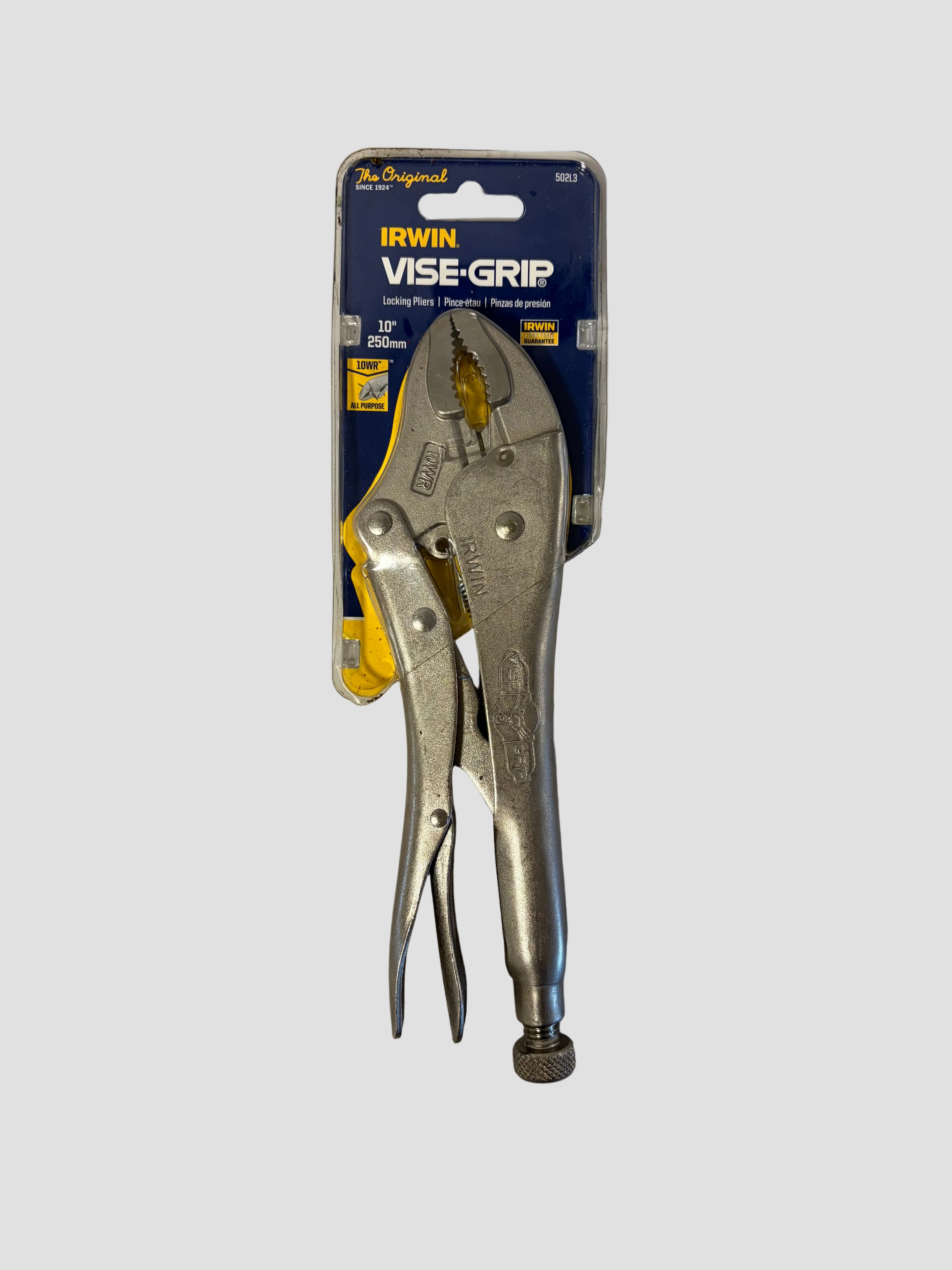 Irwin Vise-Grip locking pliers in blue and yellow retail packaging, photographed against a plain light gray background.
