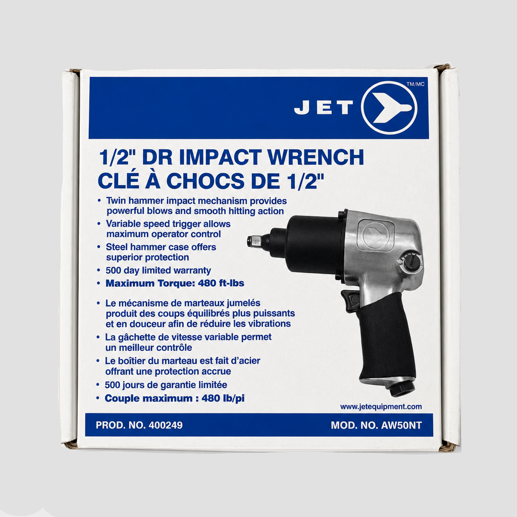 Jet Impact 1/2" DR Impact Wrench retail packaging box, featuring a white and blue label with product specifications and a photo of the cordless drill wrench.