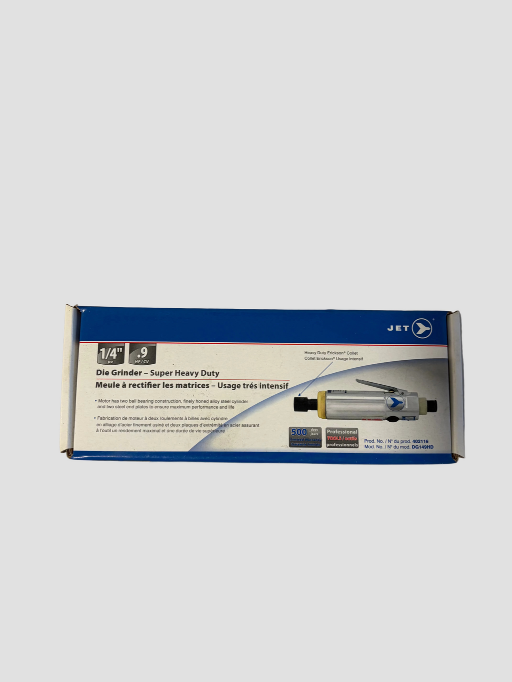 JET brand die grinder tool packaging box on a plain light gray surface, showing the product photo and specifications on the front.