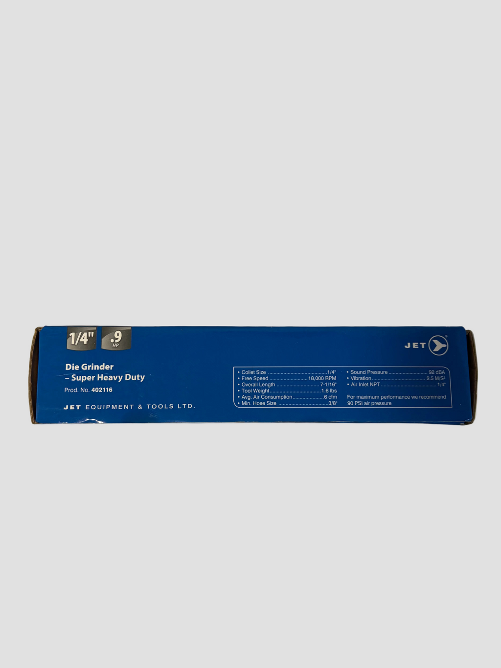 A blue cardboard box for a Jet die grinder, labeled '1/4" - 9 HP - Super Heavy Duty' and 'JET EQUIPMENT & TOOLS LTD.', photographed on a light off-white surface.
