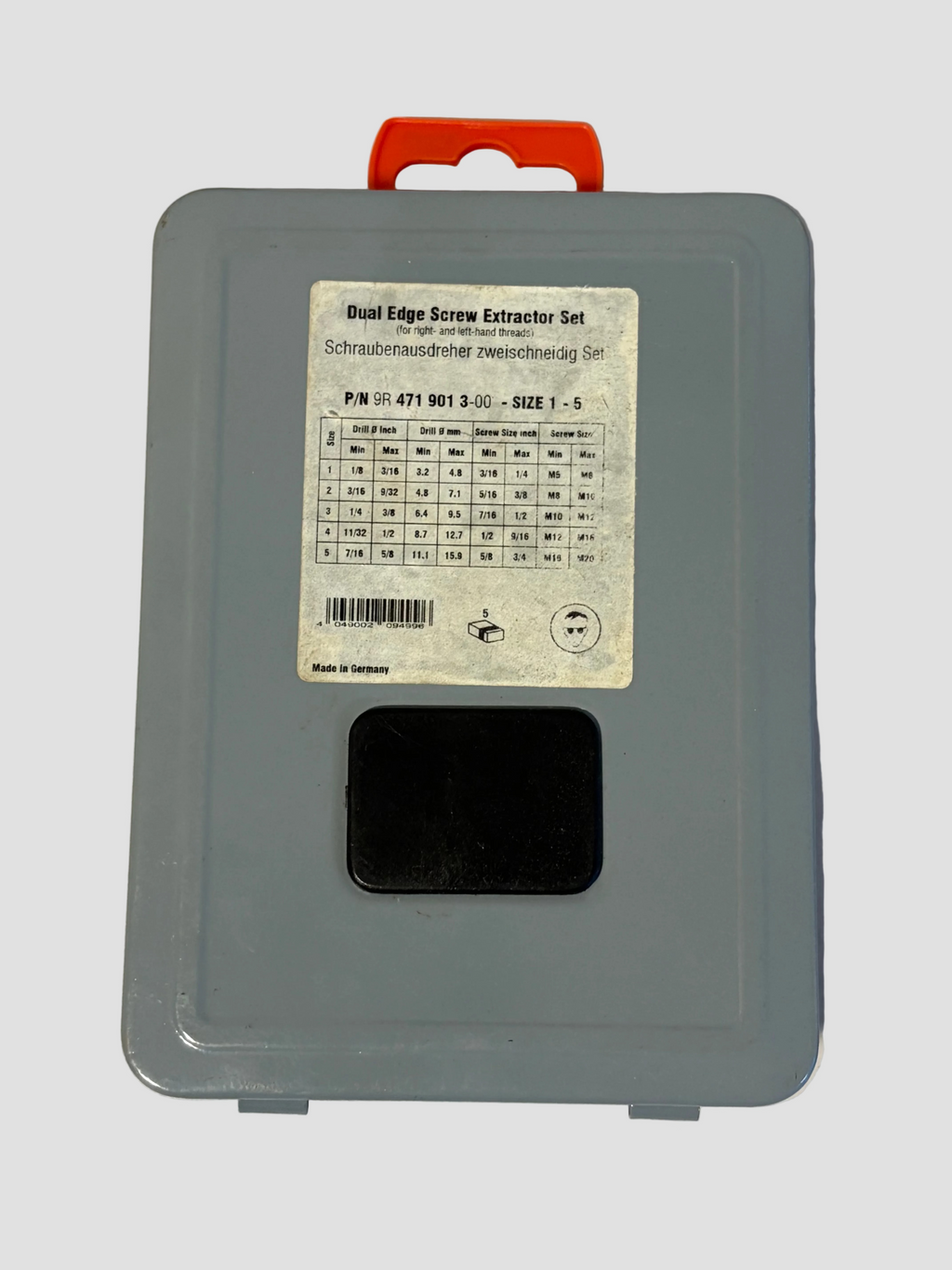 A gray plastic storage case with an orange handle and a white label reading 'Dual Edge Screw Extractor Set,' photographed against a light off-white background.
