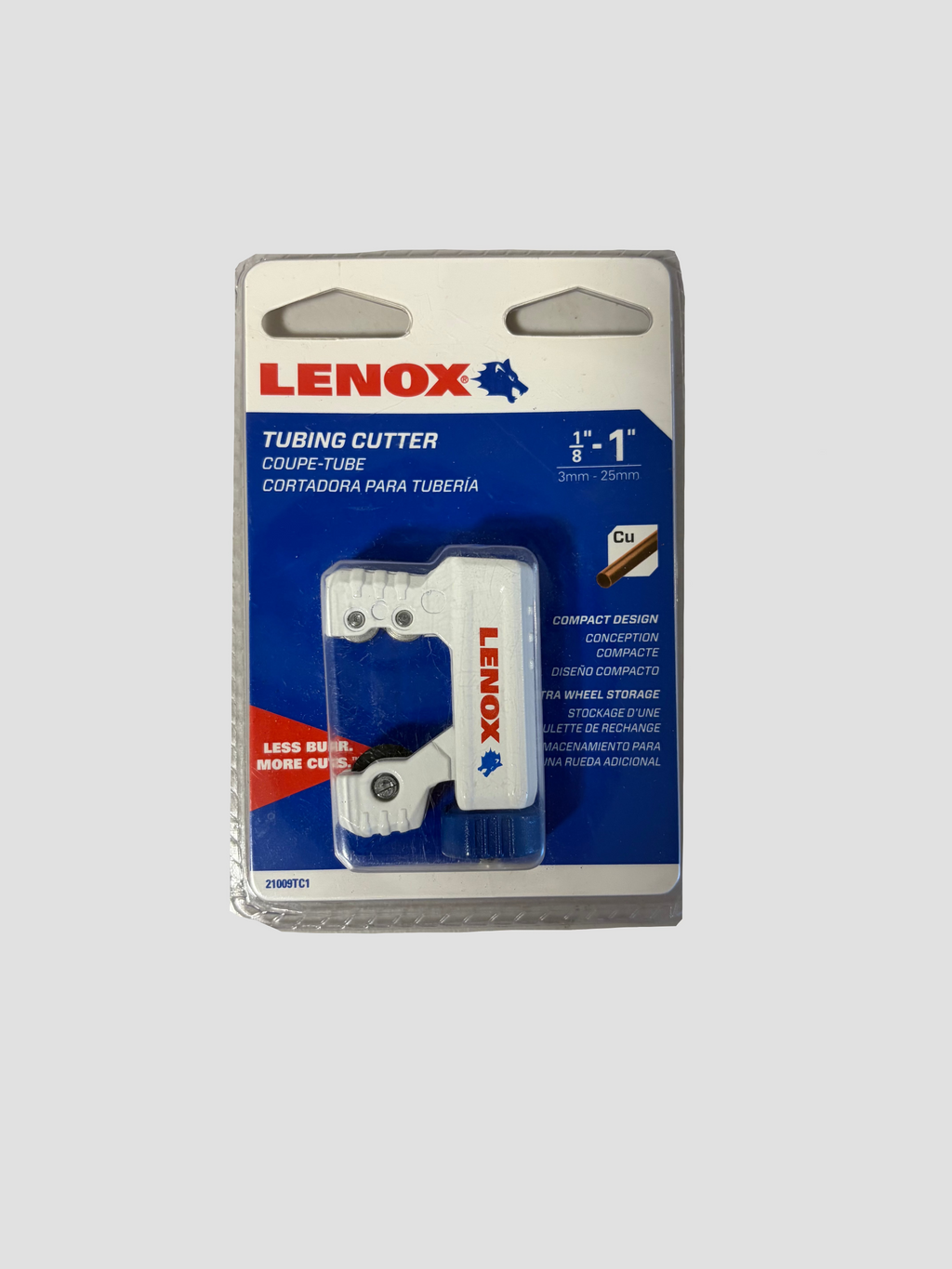 A Lenox tubing cutter in its original retail blister packaging, shown on a neutral gray surface. The packaging is blue and white with the red and blue Lenox logo.