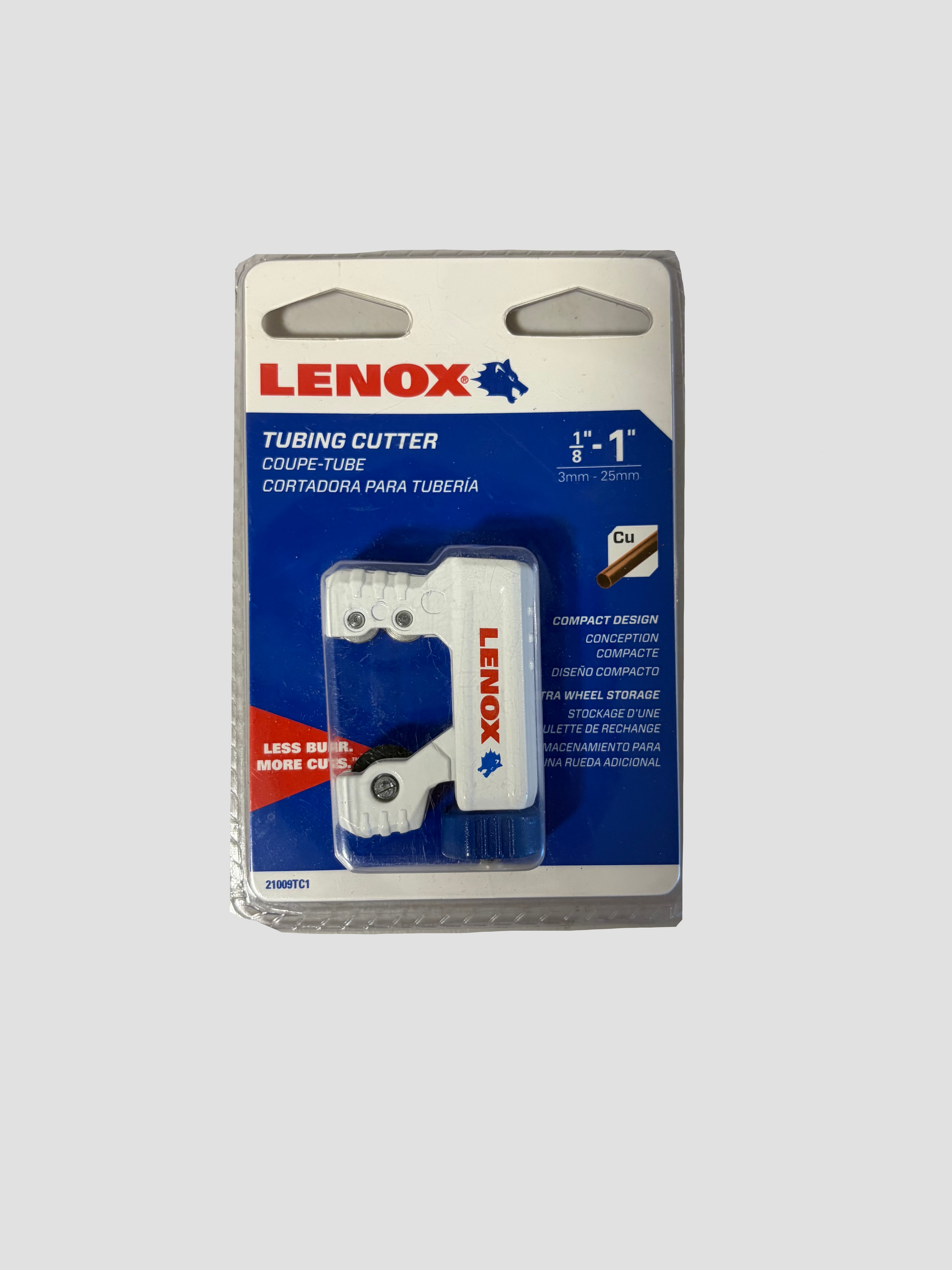 A Lenox tubing cutter in its original retail blister packaging, shown on a neutral gray surface. The packaging is blue and white with the red and blue Lenox logo.
