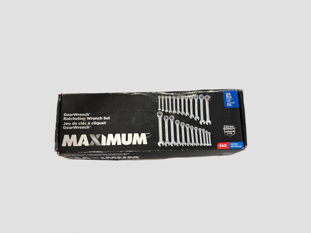 A boxed GearWrench Maximum ratchetbox wrench set on a plain light gray background. The black retail box shows white branding and an illustration of silver wrenches, with a small blue and red SAS logo on the right side.
