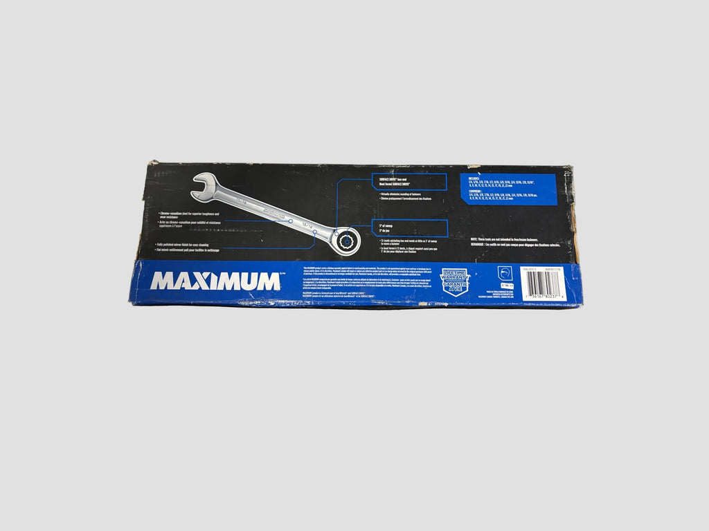 A boxed wrench set or wrench packaging on a plain light gray background. The box is mostly black with a blue lower band and a silver wrench illustration printed on it.