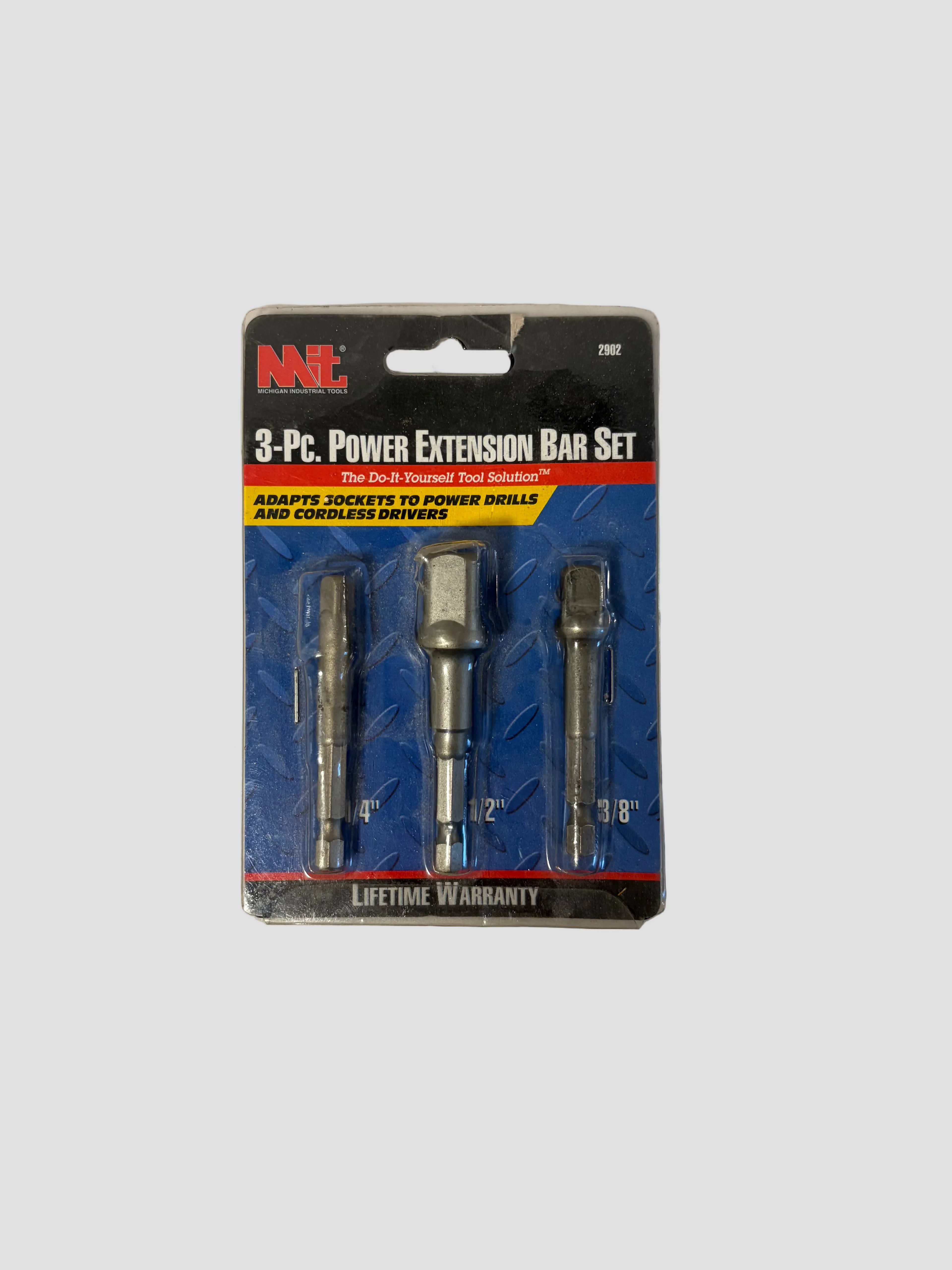 A 3-piece power extension bar set in its original retail blister packaging, featuring three silver metal bits on a blue and black backing card.