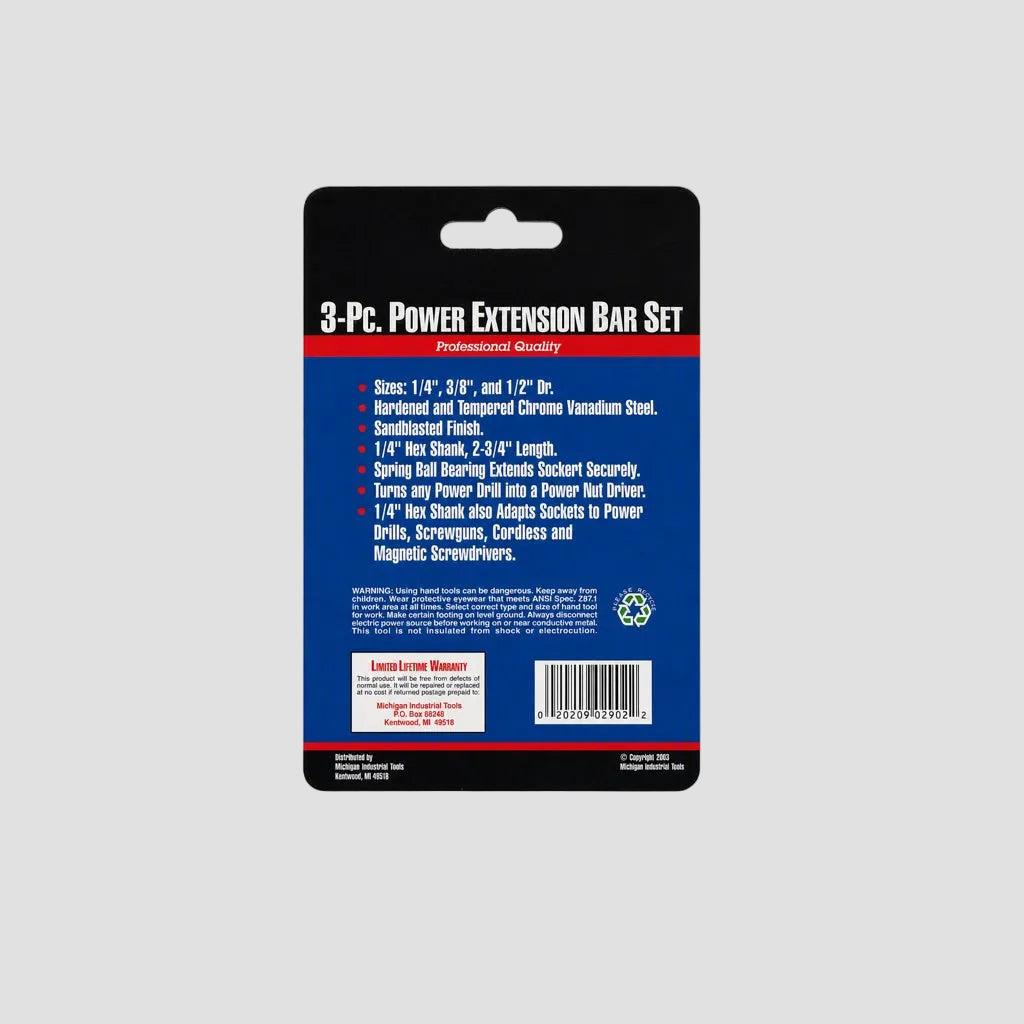 Packaged 3-piece power extension bar set on a black and blue retail card against a light gray background.