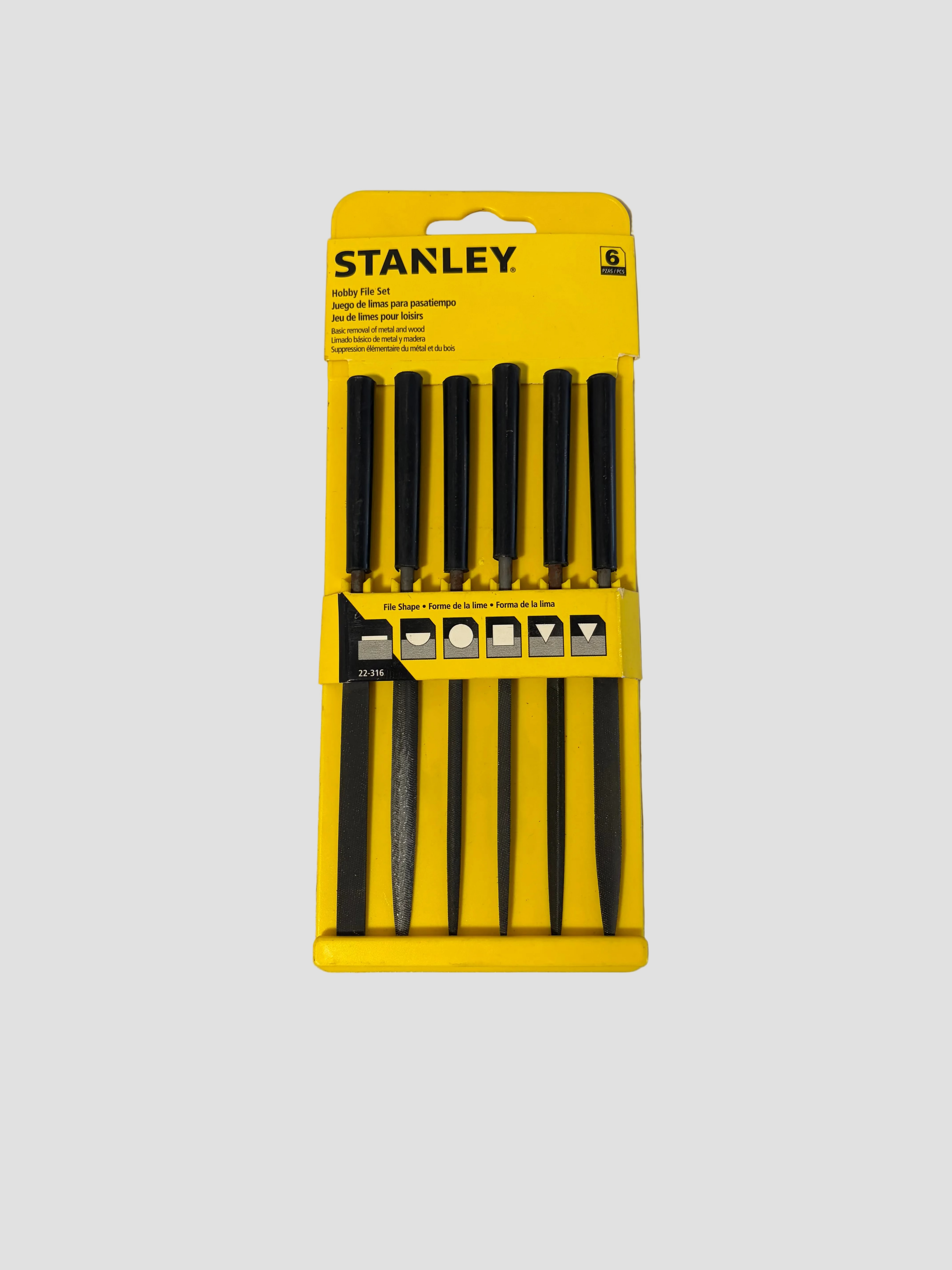 A 6-piece Stanley No. 14 file set in its original yellow retail packaging, photographed against a neutral gray background.