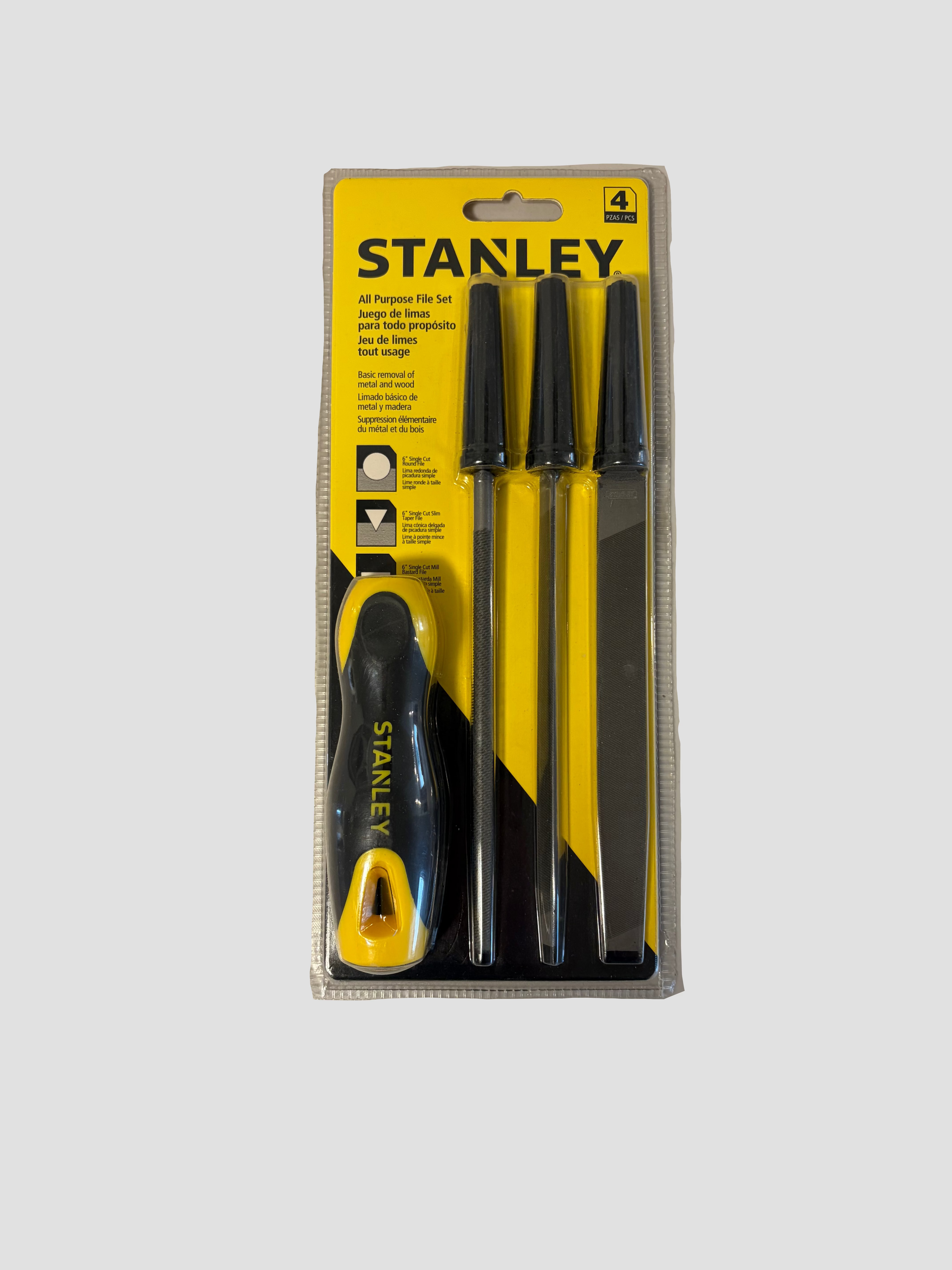 A 4-piece Stanley sanding and buffing kit in its original retail blister packaging, featuring a yellow and black Stanley card, a black and yellow utility knife, and three sanding discs.