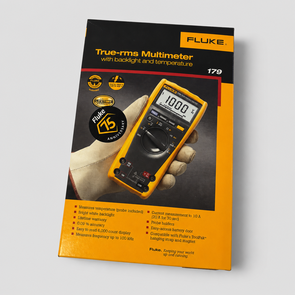 Fluke True-rms Multimeter packaging with product image and branding on a gray background