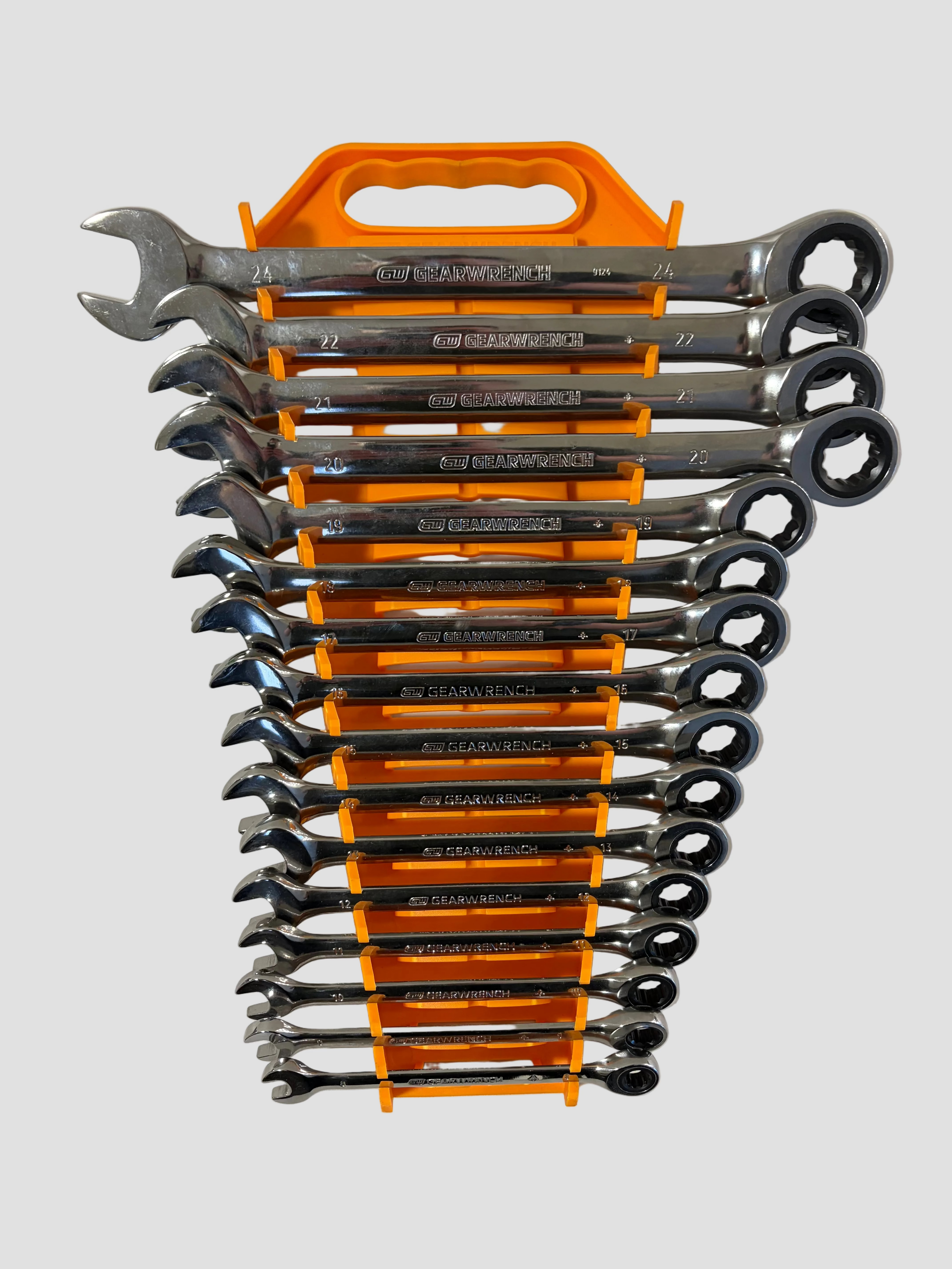 Silver gear wrench set in orange plastic tray