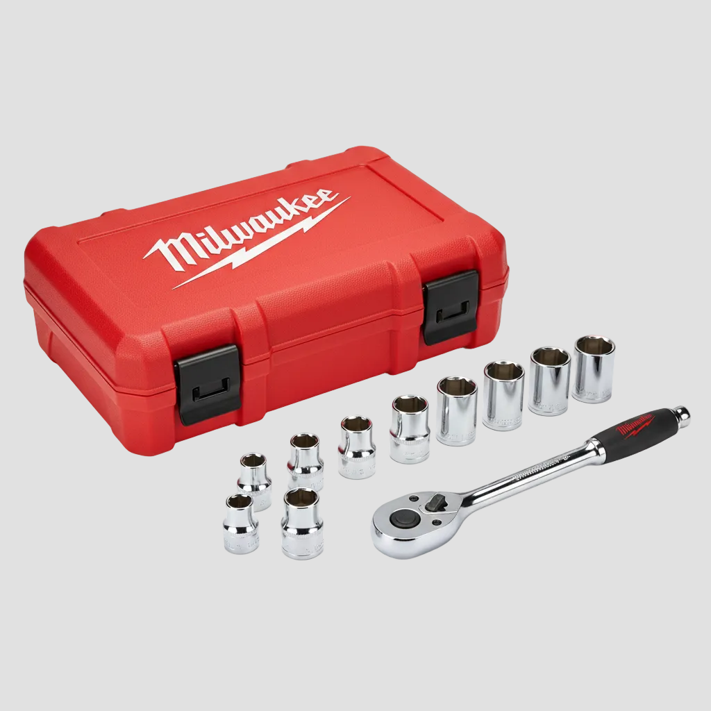 show closed red case with the brand and ratcher and sockets outside