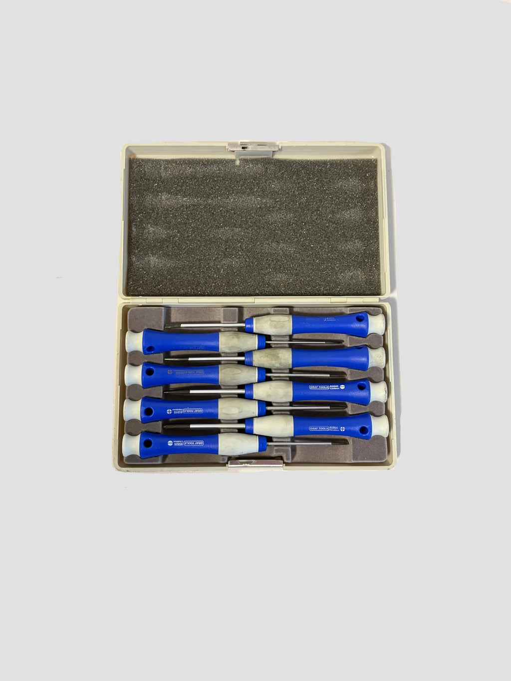 A 5-piece precision screwdriver set with blue and white handles inside a beige plastic case with a gray foam insert, shown on a light gray background.