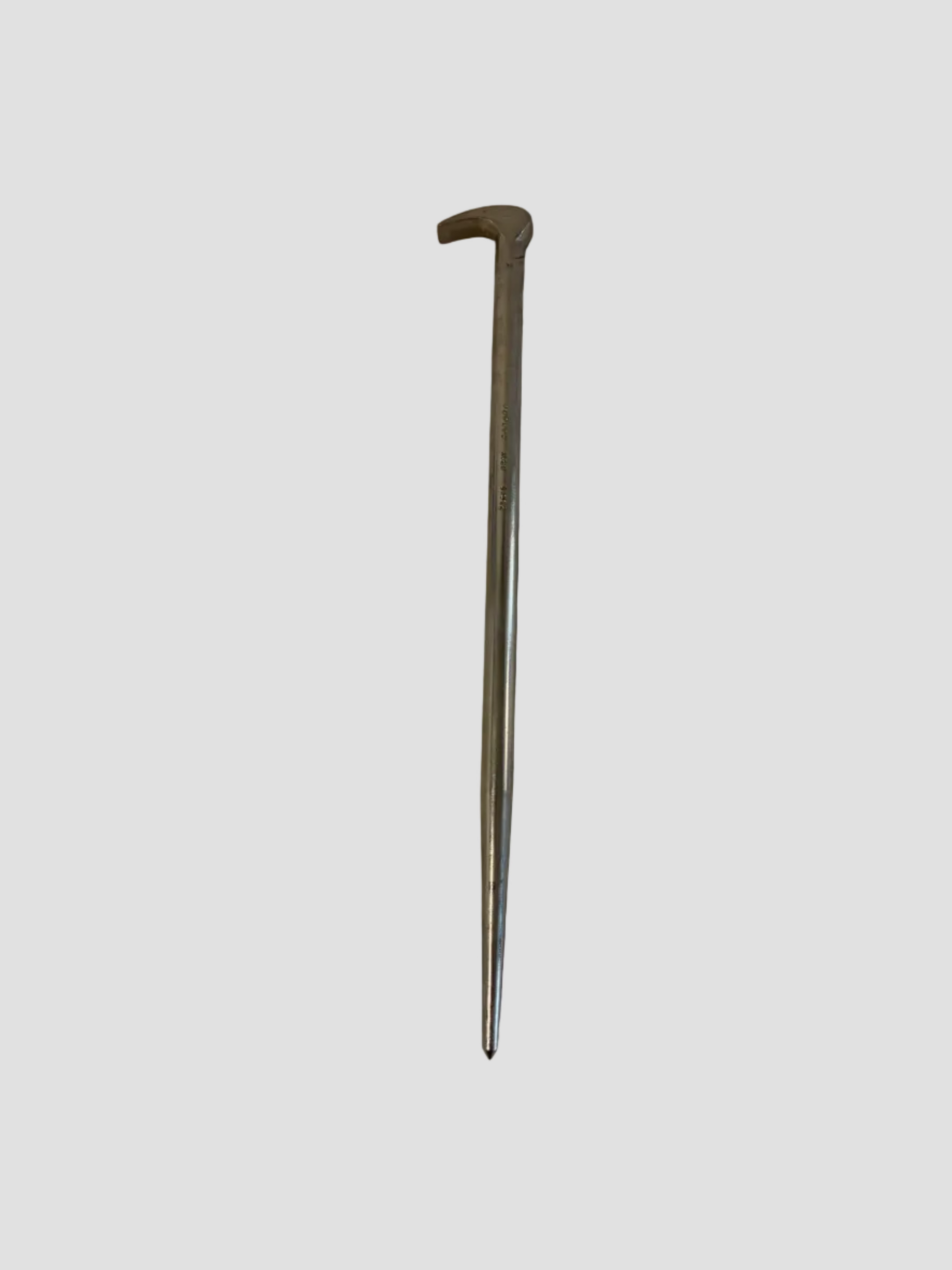 A long, slender metal tool with a bent hook-like end, photographed vertically against a plain off-white background.