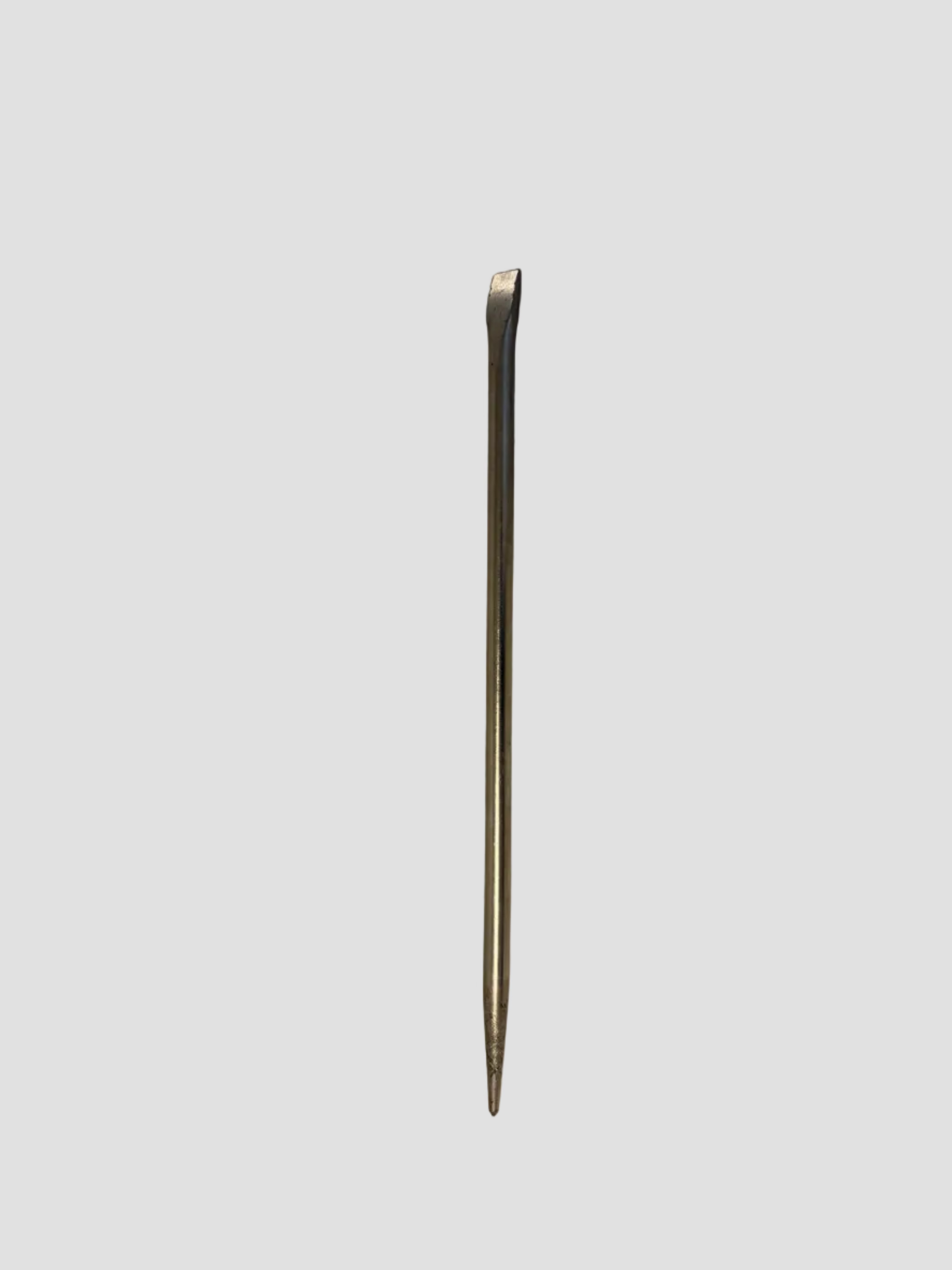 A long, slender metal pry bar or screwdriver with a flat, angled head, shown vertically against a plain off-white wall.