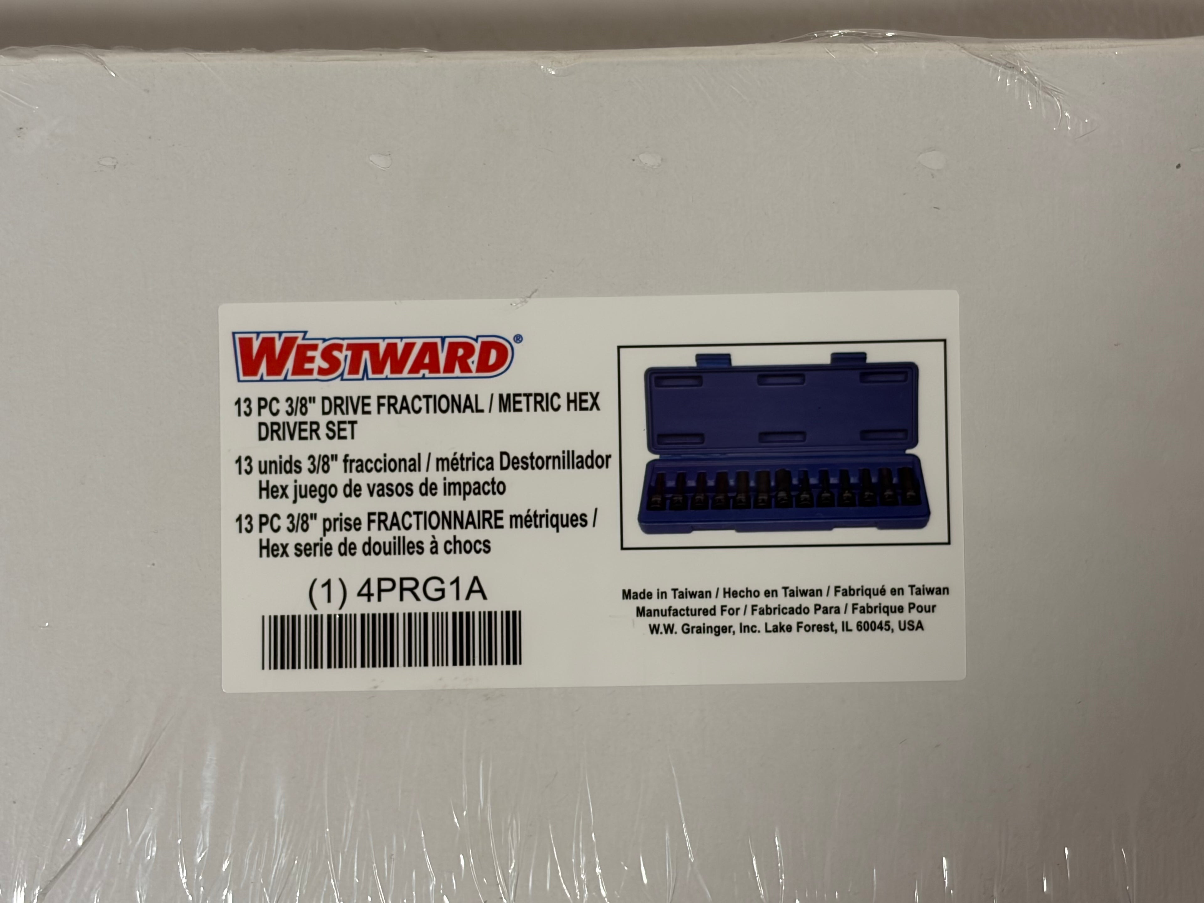Sealed box and label showing blue case